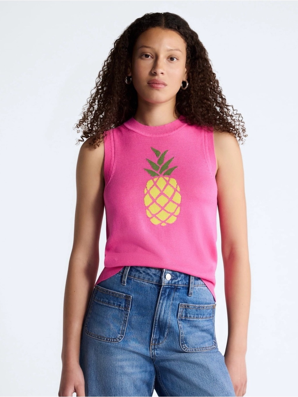 Pink Sleeveless Knit Tank with Pineapple Graphic